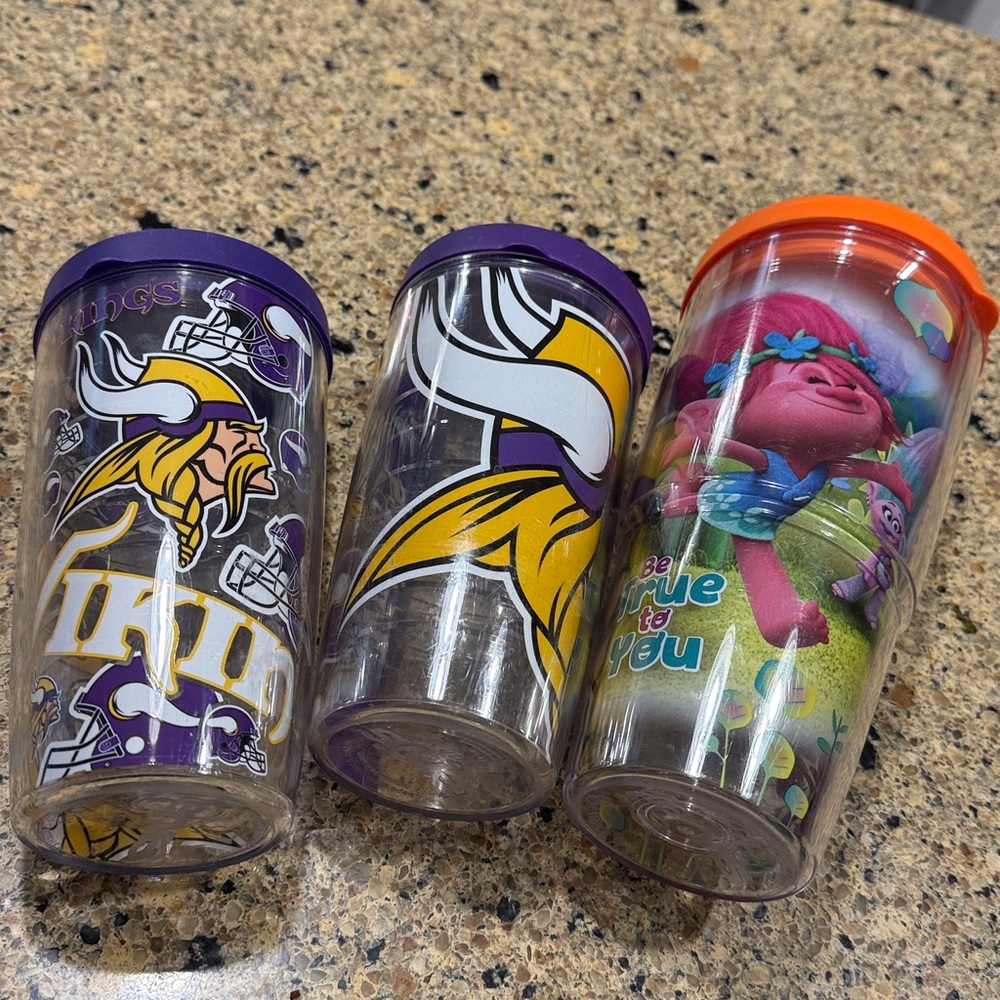❤️Set of 3 Tervis Tumblers with Purple and Orange Lids trolls and vikings NFL